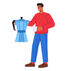 A man smiling while holding a coffeemaker and a coffee cup, preparing for the start of his day. The illustration is drawn in a modern style, with a focus on simple shapes and bright colors