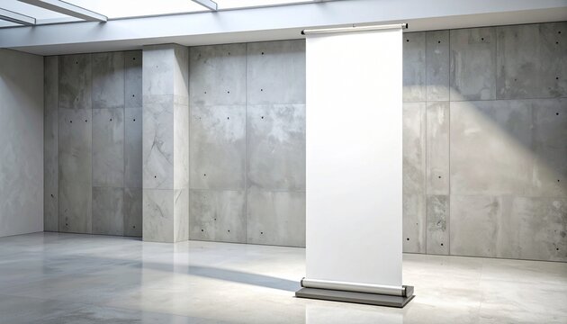 Blank white roll-up banner stand in a modern minimalist concrete room with natural light from a skylight