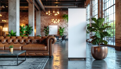 Modern Interior with Leather Sofa, Plant, and Blank Banner