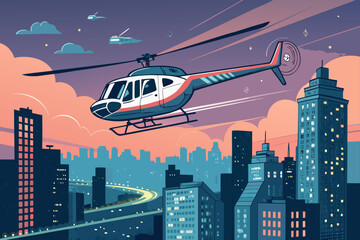 Naklejka premium Featuring Helicopter Flying Over Glowing Cityscape Bold Crisp High-Quality Stock Image