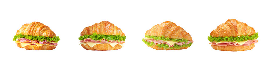 Four delicious ham and cheese croissants with fresh lettuce on a black background, PNG set Transparent background