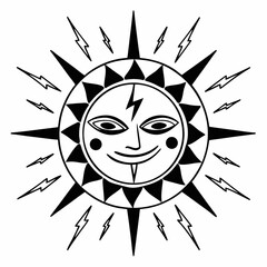 Minimilist stylized sun face with lightning bolt and radiating spikes in black and white illustration design vector