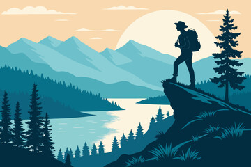 Hiker Standing Cliff Overlooking Lake Bold Creative Visual Perfect for Editorial Content