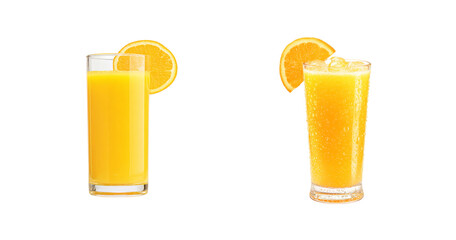 Refreshing Orange Juice Glasses with Orange Slices, Ice Cubes, and Condensation PNG set Transparent...
