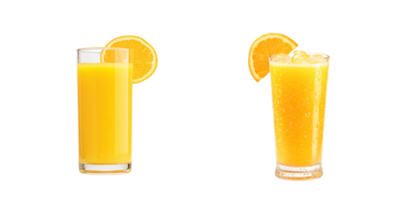 Refreshing Orange Juice Glasses with Orange Slices, Ice Cubes, and Condensation PNG set Transparent backround