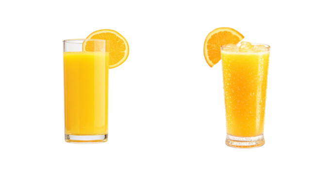 Refreshing Orange Juice Glasses with Orange Slices, Ice Cubes, and Condensation PNG set Transparent backround