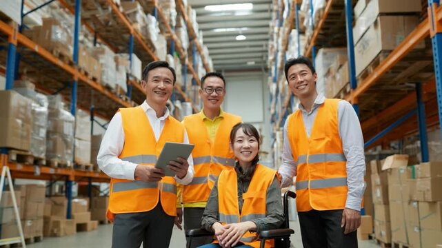 Warehouse Team: A united warehouse team, filled with dedication and determination, showcases their collaborative spirit amidst rows of organized inventory, emphasizing teamwork, inclusion.