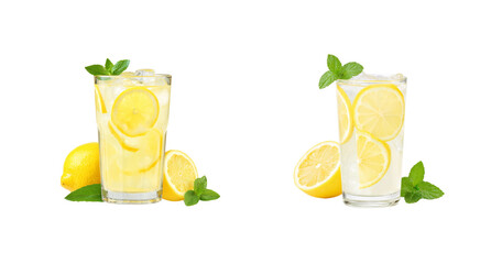 Refreshing lemonade with lemon slices and mint leaves, ice cold drink in tall glass, vibrant yellow, transparent PNG set with transparent background.