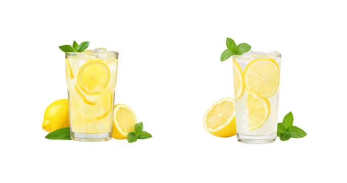Refreshing lemonade with lemon slices and mint leaves, ice cold drink in tall glass, vibrant yellow, transparent PNG set with transparent background.