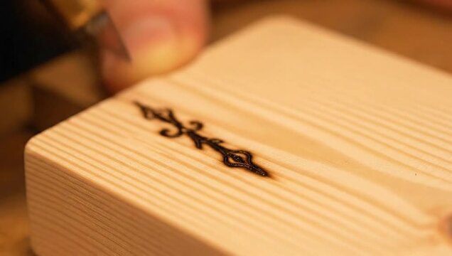 Glowing Pyrography Pen Tip Engraving Wood in Extreme Macro Detailed Close-up of Artistic Wood Burning Process on Light Timber Surface