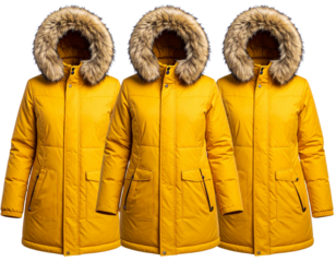 Set of Fashion apparel stock image of a yellow jacket with fur-lined hood, arms exten