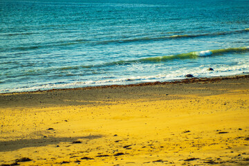 Golden sandy beach with ocean waves on a sunny day