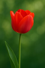 Naklejka premium Vibrant red tulip in full bloom against a soft green blurred garden background