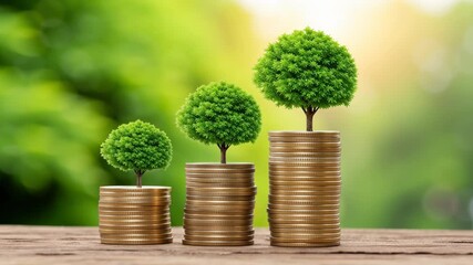 Economic incentives for sustainability concept. Growing trees on stacks of coins symbolize financial growth and sustainability.