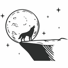 Minimilist silhouette of a wolf howling at the moon on a cliff with stars in the night sky illustration art vector