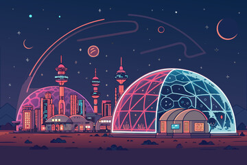 Stunning Mars Colony Glowing Under Neon Domes Bold Space Creative Visual © takasan