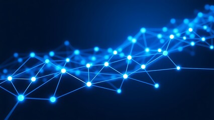 Abstract digital network visualization with glowing blue nodes and flowing connections on dark background.