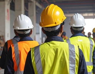 Construction workers walking in a large building