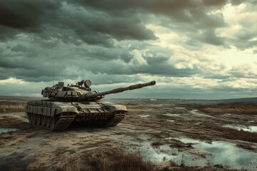 Military tank positioned in an open field under a cloudy sky near a city