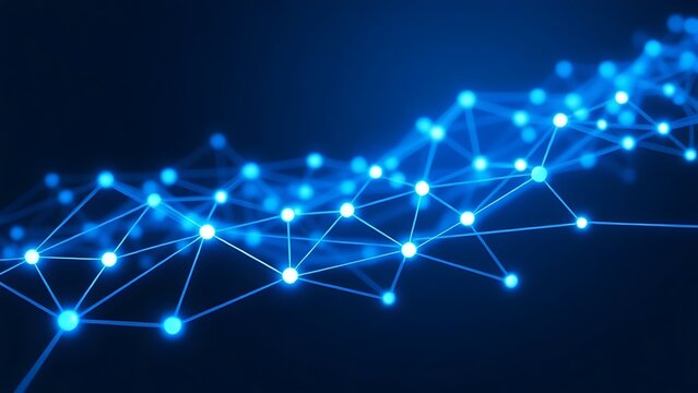 Abstract digital network visualization with glowing blue nodes and flowing connections on dark background.