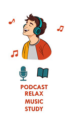Smiling young man listening to music with headphones, relaxing and enjoying sound, concept of podcast, study, and entertainment illustration
