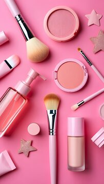 Pink themed beauty products lay flat on a pink background for beauty blog content