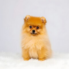 Portrait of a fluffy pomeranian puppy sitting on a white surface looking forward sweetly