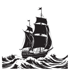 Historic Sailing Ship Vector — Black and White Illustration with Billowing Sails and Stylized Ocean Waves in Nautical Adventure Theme