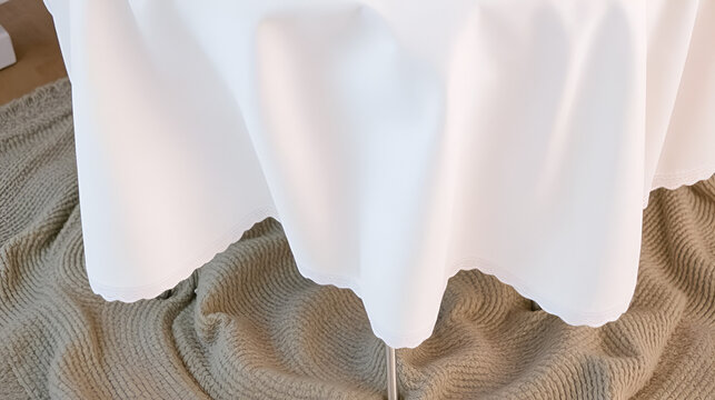 Cotton tablecloth trailing from table, textured ground below,