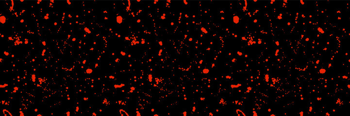 Red blood splatter sprinkle seamless pattern. Ink drops and dots on black background. Vector Halloween horror backdrop. Endless dribble drizzle texture. Wrapping paper, fabric design, textile pattern