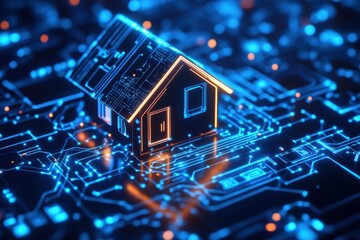 A futuristic house rendered in neon blue lights set on a digital circuit board background