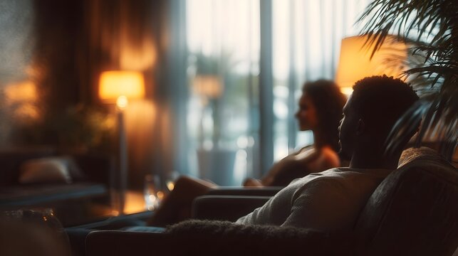 Couple relaxing in armchairs in a cozy dimly lit lounge area enjoying a peaceful evening with warm ambient lighting