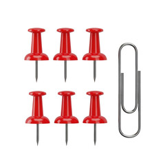 Six vibrant red pushpins and a silver paperclip arranged precisely on a transparent background, bright studio light, sharp macro detail, concept of professional office supplies product photography