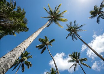 Obraz premium Palm trees reaching for the sky on a sunny day with clouds