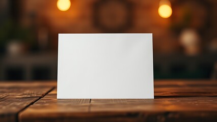 Blank greeting card resting on a rustic wooden surface with warm ambient light.