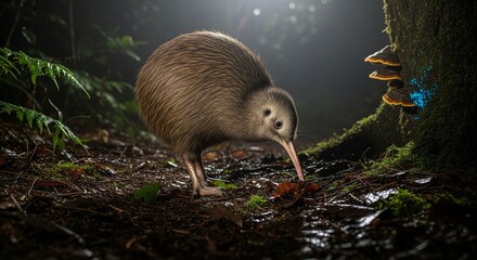 A flightless kiwi, a nocturnal New Zealand bird, foraging in the dark forest undergrowth.