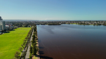Panoramic aerial view of Perth downtown and Swan River on a sunny clear day