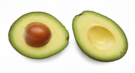 Top-Down View of Ripe Avocado Half with Pit on white background
