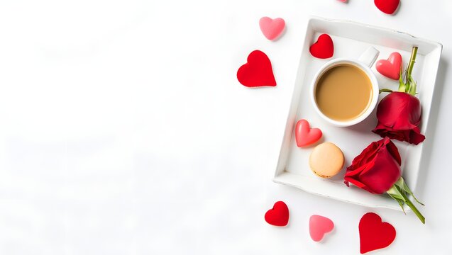 Valentine's day coffee and roses on a tray with heart shaped candies and a macaron