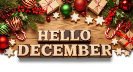 Hello december text with christmas decorations and gifts on a wooden background