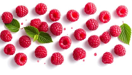 Scattered raspberries and leaves on white background