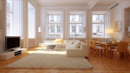 Fototapeta premium A spacious, light-filled living area with a large dining room, showcasing a modern interior design.