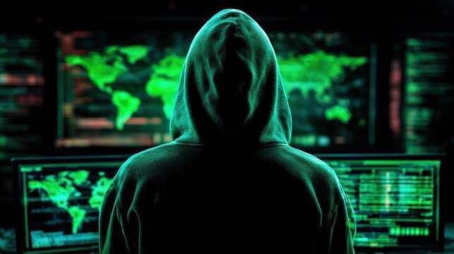 Anonymous Hacker: Silhouette of a figure cloaked in shadow, their hooded silhouette stark against a backdrop of digital displays flashing a digital world map and computer data. - Powered by Adobe