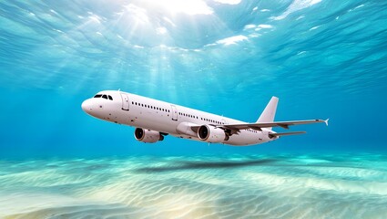 Naklejka premium Airplane flying underwater with sun rays and sandy seabed in the background
