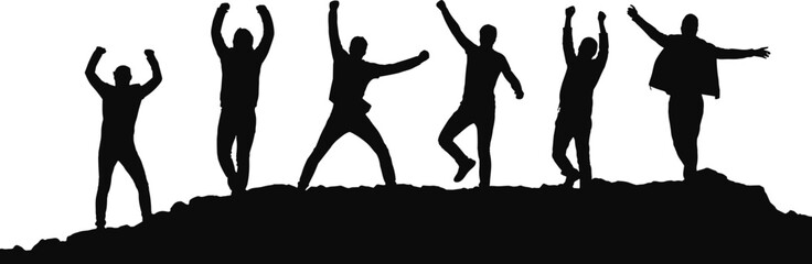 group celebration, unity, success, raised hands, outdoor adventure, achievement, excitement, people, teamwork, triumph, joy, camaraderie, hilltop, dynamic pose, freedom,