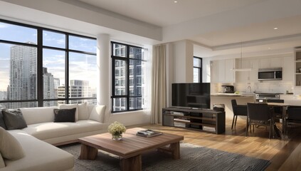 Fototapeta premium A spacious city apartment boasts expansive windows offering breathtaking views of the urban skyline.
