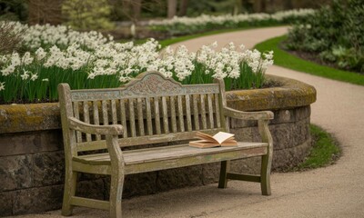 Aged wooden park bench with open book, surrounded by white daffodils