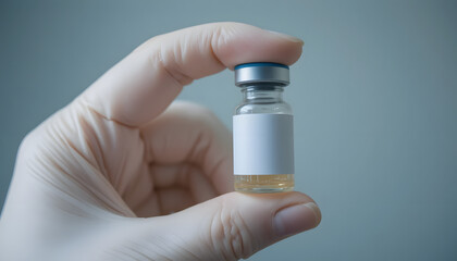 Gloved hand holding vial of vaccine with blank label ready for your branding, perfect for healthcare, medicine, and pharmaceutical projects.