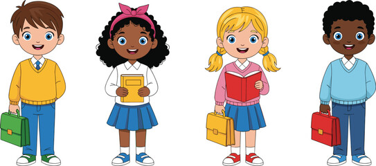 Group of happy school children cartoon illustration, diverse kids holding books and bags, education concept, students characters, learning, vector design