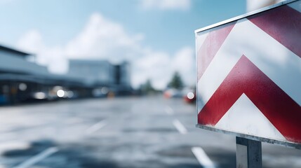 A red and white chevron warning sign stands prominently in a blurred parking lot under a bright sky